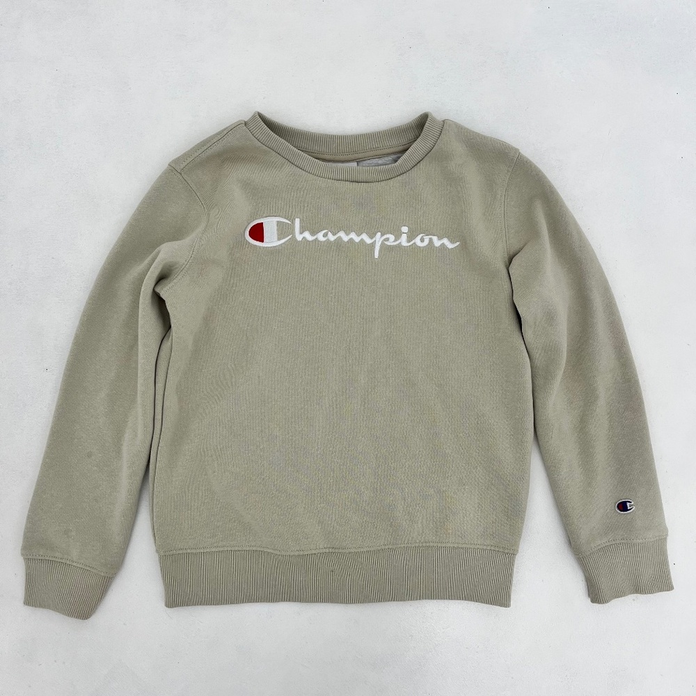 Champion Kids Size 7 Pullover Sweatshirt Beige‎ Spellout Embroidered Crew Neck